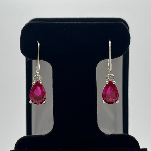 Beautiful 5ctw Pear Cut Ruby Earrings in Sterling Silver Drop Dangle Leverback - Picture 1 of 6